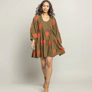 Pink Chicken Michelle Dress – Dark Olive with Embroidery (Size M)